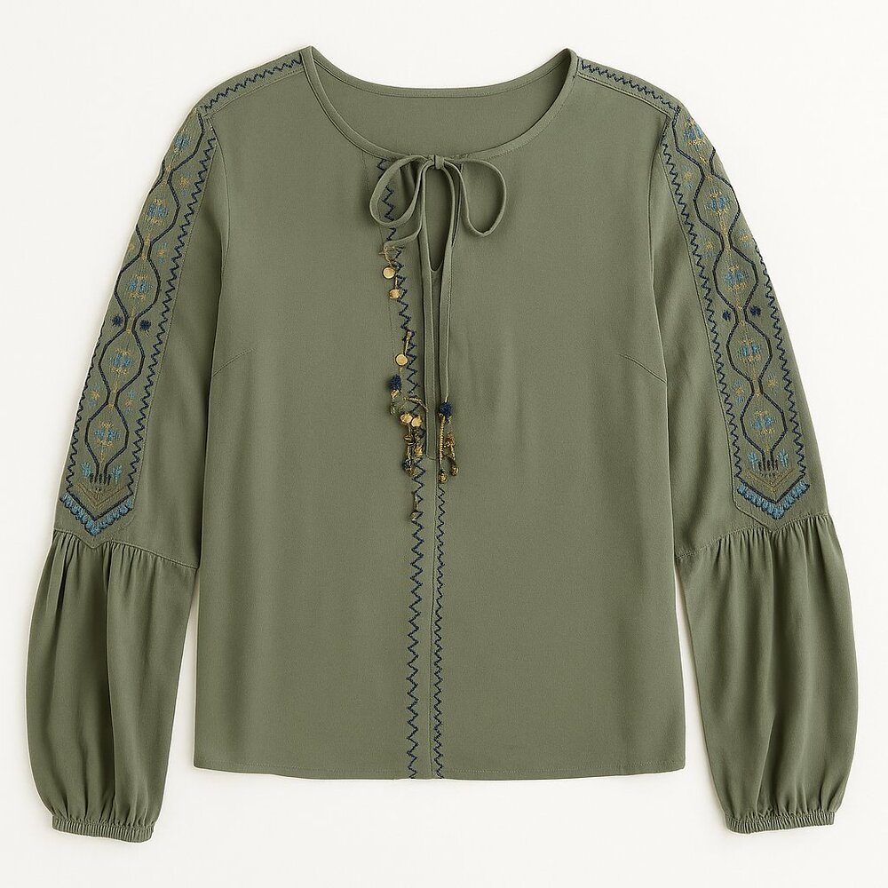 Kobi Halperin Military Green Long Sleeve Tie Front Silk Top Boho Bohemian Beaded